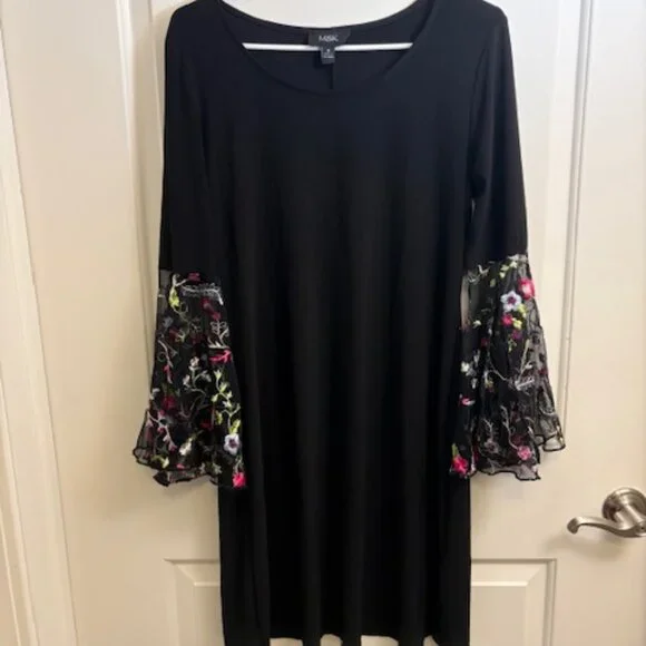 Black Tunic Dress with Sheer Floral Bell Sleeves – Boho Chic - Picture 1 of 4